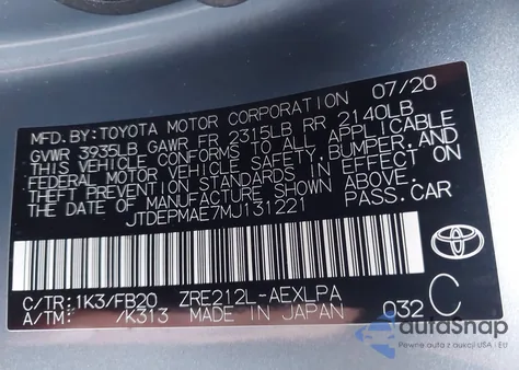 2021 Toyota Corolla Le z USA, uszkodzony, nr VIN JTDEPMAE7MJ131221